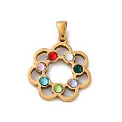 Золотой 304 подвески из нержавеющей стали, с красочными горный хрусталь, Цветочные подвески, ионное покрытие (IP), золотые, 22x20x3 мм, отверстие : 4.5x3.5 мм