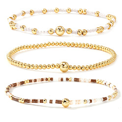 Седло Коричневый 3шт. 3 стильные браслеты из стеклянного бисера и латунных бусин, эластичные, для женщин, круглые, седло коричневый, 6.50 дюйм (16.5 см)