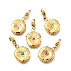 (52) Непрозрачная лаванда Плоские круглые 304 подвески из нержавеющей стали со стразами украшения, с карабин-лобстерами , ионное покрытие (ip), реальный 14 k позолоченный, разноцветные, 18.5x13.5x3 мм