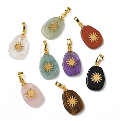 Смешанные камни Природные каменные смешанные подвески, плоские овальные подвески золотистого оттенка 304 солнечные пластины из нержавеющей стали и латунные застежки-кнопки, 19~20.5x12~12.3x3.5~4 мм, отверстие : 6x3 мм