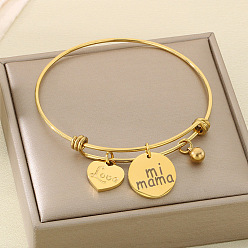 Золотой День матери 304 браслеты из нержавеющей стали с подвесками для женщин, Сердце & плоские круглые, золотые, внутренний диаметр: 2-5/8 дюйм (6.8 см)