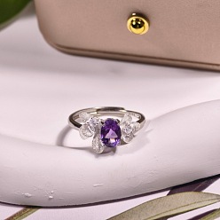 Фиолетовый 925 открытые кольца-манжеты из стерлингового серебра с микропаве из кубических цирконий и кварца, цветок, серебряные, фиолетовые, 15~20 мм