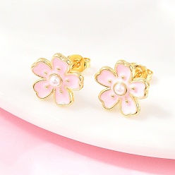 Pink Цветок латунь эмаль серьги стержня, с ABS имитации жемчуга, долговечный, без свинца и без кадмия, реальный 18 k позолоченный, розовые, 12.5x12 мм