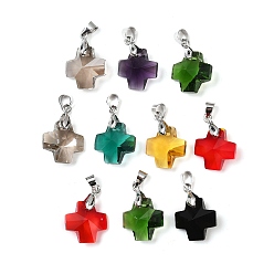 Платина Стеклянные прелести, крестик, с латунными петлями, граненые, платина, 14x14x7~8 мм, отверстие : 5x4 мм