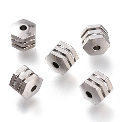 Stainless Steel Color Tarnish Resistant 202 Stainless Steel Groove Beads, Hexagon, Stainless Steel Color, 5x4.5x4.5mm, Hole: 1.6mm