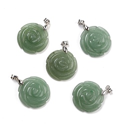 Зеленый Авантюрин Естественный зеленый авантюрин подвески, с латунной фурнитурой платинового цвета, плоские круглые с розовым рисунком, 32x25x8 мм