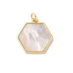 Шестиугольник Подвески из латуни с натуральными белыми ракушками, реальный 18 k позолоченный, с прыжковых колец, долговечный, без свинца и без кадмия, стойки покрытие, шестиугольник, 17x17x2 мм, отверстие : 3 мм