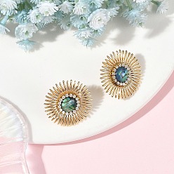 Golden Paua Shell & Brass Stud Earrings for Women, Flower, Iron Rhinestone Stud Earrings, Golden, 24.5mm