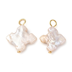 Золотой Подвески-кресты из натурального барочного жемчуга Кеши, с 304 петлями из нержавеющей стали, цветочный белый, золотые, 19x14~16x3.5~5 мм, отверстие : 2~3 мм