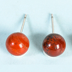 Красный Камень Серьги-гвоздики из натуральной красной яшмы, круглые, серебряные, 20x8 мм