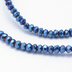 Blue Plated Electroplate Glass Beads Strands, Full Plated, Faceted, Rondelle, Blue Plated, 2.5x1.5mm, Hole: 0.5mm, about 197~201pcs/strand, 12.9 inch(33cm)