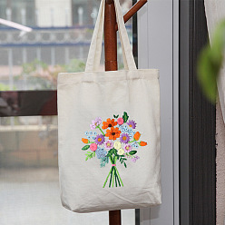White DIY Flower Bouquet Pattern Tote Bag Embroidery Kit, including Embroidery Needles & Thread, Cotton Fabric, Plastic Embroidery Hoop, White, 390x340mm