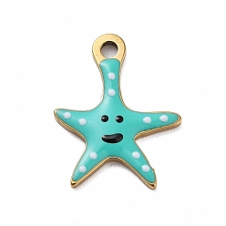 Бирюза Ионное покрытие (ip) 201 брелоки из нержавеющей стали, с эмалью, реальный 18 k позолоченный, морское животное, очарование морской звезды, бирюзовые, 15x11.5x1.5 мм, отверстие : 1.6 мм