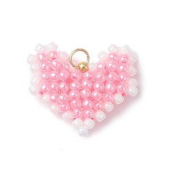 Pink Подвески в форме сердца из стеклянных бусин, с открытыми пружинными кольцами из нержавеющей стали 304, реальный 18 k позолоченный, розовые, 17.5x20.5x4.5 мм, отверстие : 3 мм