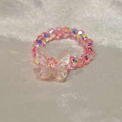Light Coral Handmade Lampwork Beaded Finger Rings, Butterfly, Stretch Rings for Women, Light Coral, 17mm