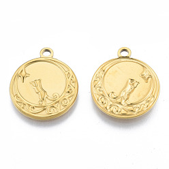 Plaqué 18K Or Véritable Placage ionique (ip) 201 pendentifs en acier inoxydable, plat rond avec le chat, réel 18 k plaqué or, 24x20.5x2mm, Trou: 2mm