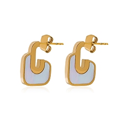 White 304 Stainless Steel & Natural Shell Stud Earrings, Letter C, Half Hoop Earrings, Golden, White, 16x12mm