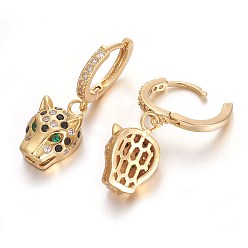 Golden Brass Leverback Earrings, with Cubic Zirconia, Leopard, Colorful, Golden, 30mm, Pin: 1mm