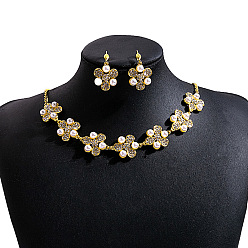 Золотой Комплекты серег и ожерелий из сплава с цветочным узором и стразами в стиле бохо, с пластиковой жемчужины, золотые, 345 мм