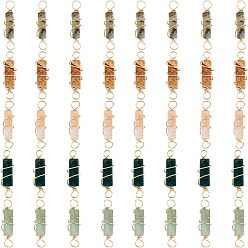 Золотой 40 шт. 5 стили натуральный драгоценный камень медная проволока обернутая соединительные подвески, натуральный лабрадорит, индийский агат, зеленый авантюрин, картинная яшма и карнлиан, кубоид, золотые, 22~23.5x6~7x5.5~6 мм, отверстие : 2.5~3.2 мм, 8 ps / style