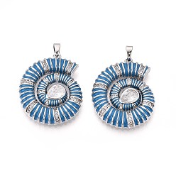 Стально-синий Кулоны с эмалью из латуни с прозрачным кубическим цирконием, форма раковины, реальный 18 k позолоченный, стальной синий, 30x24x4 мм, отверстие : 5x2 мм