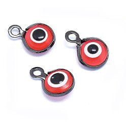 Черный Цвет Металла Подвески ручной работы сглаз, с латунной фурнитурой , плоско-круглые, красные, металлический черный , 10x6.5x3 мм, отверстие : 1.5 мм