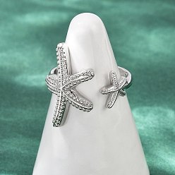 Платина Латунные открытые манжеты для женщин, без кадмия и без свинца, морская звезда, платина, внутренний диаметр: 17.2 мм