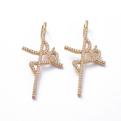 Golden Brass Micro Pave Cubic Zirconia Pendants, Cadmium Free & Lead Free, Long-Lasting Plated, Clear, Golden, 41.5x21x2mm, Hole: 7x3mm