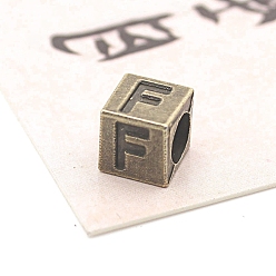 Letter F Европейские бусины из антикварного бронзового сплава, бусины с большим отверстием, куб с письмом, Буква F, 7x7x7 мм, отверстие : 5 мм