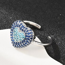 Royal Blue Heart Brass Micro Pave Cubic Zirconia Cuff Open Rings for Women, Cadmium Free & Lead Free, Rack Plating, Platinum, Royal Blue, 18mm