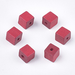 Малиновый Расписные бусы из натурального дерева, кубические, малиновый, 10x10x10 мм, отверстие : 2 мм