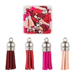 Pink 60Pcs 4 Colors Faux Suede Tassel Pendant Decorations, with Platinum CCB Plastic Cord Ends, Pink, 33~35x10mm, Hole: 2.5~3mm, 15pcs/color