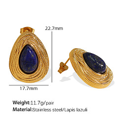 Ляпис-Лазурь 304 серьги-гвоздики-капли из нержавеющей стали, с природными лазурита, золотые, 22.7x17.7 мм