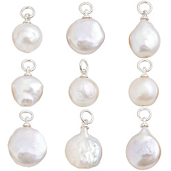 Silver 10Pcs Natural Baroque Keshi Pearl Pendants, Nucleated Pearl Flat Round Charms with Brass and 304 Stainless Steel Findings, Creamy White, Silver, 13~16x10~12x5.5~6mm, Jump Ring: 5x0.8mm, Inner Diameter: 3.5mm
