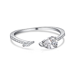 Прозрачный Запонки из стерлингового серебра 925 с родиевым покрытием, кольцо с камнем, со слезинкой из фианита и штампом 925 для женщин, Реальная платина, прозрачные, 0.8 мм, размер США 7 (17.3 мм)