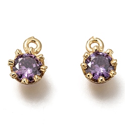 Lilac Brass Micro Pave Cubic Zirconia Charms, Flower, Golden, Lilac, 9x6.5x4mm, Hole: 1.2mm