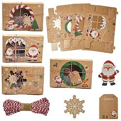 Цвет Древесины 12 шт. 4 стили рождественской тематики крафт-бумага имбирные пряничные коробки для конфет с окошком для животных, прямоугольник со смешанным рисунком, деревесиные, готовое изделие: 20.5x6x14 см