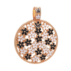 Colorful Golden Plated Alloy Enamel Big Pendants, Flat Round with Flower Pattern, Colorful, 57x45x4mm, Hole: 7x10mm