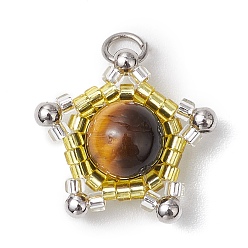 Желтый Подвески из бисера цилиндрической формы и натурального тигрового глаза, с открытыми пружинными кольцами из нержавеющей стали 304, звезда, желтые, 21x19x8 мм, отверстие : 4 мм