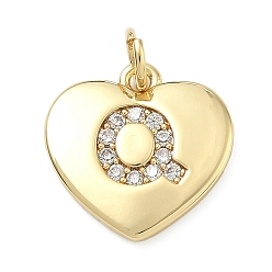 Letter Q Латунные микропаве прозрачные подвески с фианитом, сердце прелести, без кадмия и без свинца, стойки покрытие, долговечный, реальный 18 k позолоченный, Буква Q, 15x15x2 мм, отверстие : 3 мм