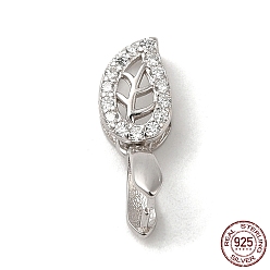 Real Platinum Plated Rhodium Plated 925 Sterling Silver Ice Pick Pinch Bails, with Micro Pave Clear Cubic Zirconia, Leaf, with S925 Stamp, Real Platinum Plated, 16x6mm, Hole: 4.5x2mm, Pin: 0.9mm