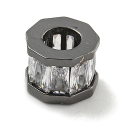 Черный Цвет Металла Реечное покрытие латунь микро паве прозрачный кубический цирконий европейские бусины, бусины с большим отверстием, долговечный, без свинца и без кадмия, восьмиугольник, металлический черный , 9x7 мм, отверстие : 4.5 мм