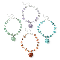Mixed Stone 4Pcs 4 Style Natural Mixed Gemstone Heart Charm Bracelets Set with Chips Beaded Chains, Brass Stackable Bracelets, 9 inch(22.8cm), 1Pc/style