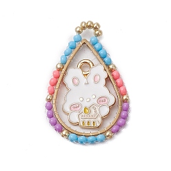 Разноцветный Пасхальная тематика стеклянные бусины каплевидной формы с подвесками в виде кроликов, Подвески из эмали и сплава, с золотыми 201 соединительными кольцами из нержавеющей стали, красочный, 31x21x2 мм, отверстие : 1.8 мм