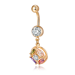 Colorful Piercing Jewelry, Brass Cubic Zirconia Navel Ring, Belly Rings, with Surgical Stainless Steel Bar, Cadmium Free & Lead Free, Real 18K Gold Plated, Round, Colorful, 40x12mm, Bar: 15 Gauge(1.5mm), Bar Length: 3/8"(10mm)
