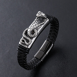 (52) Непрозрачная лаванда Браслеты из плетеного шнура из искусственной кожи в стиле панк, 304 Браслеты из нержавеющей стали с подвесками в виде змеи для мужчин, с магнитной застежкой, разноцветные, 8.27 дюйм (21 см)