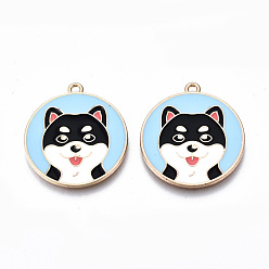 Светло-Голубой Подвески из экологически чистого сплава с эмалью, без кадмия и без свинца и без никеля, плоский круглый с шиба ину, золотой свет, Небесно-голубой, 28x25.5x1.2 мм, отверстие : 1.6 мм