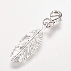 Antique Silver Alloy Pendant, with Brass Lobster Claw Clasps, Feather, Antique Silver, 43mm
