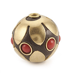 Red Handmade Indonesia Beads, with Raw(Unplated) Brass Findings, Round, Red, 18x17mm, Hole: 2mm