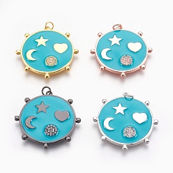 Mixed Color Brass Micro Pave Cubic Zirconia Pendants, with Enamel, Long-Lasting Plated, Flat Round, Lead Free & Nickel Free & Cadmium Free, Turquoise, Mixed Color, 32.5x32x3mm, Hole: 2.5mm